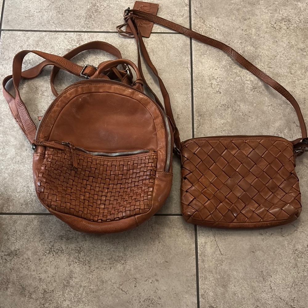 Two for One. Vilenca Brown Leather Woven Women Backpack & Purse